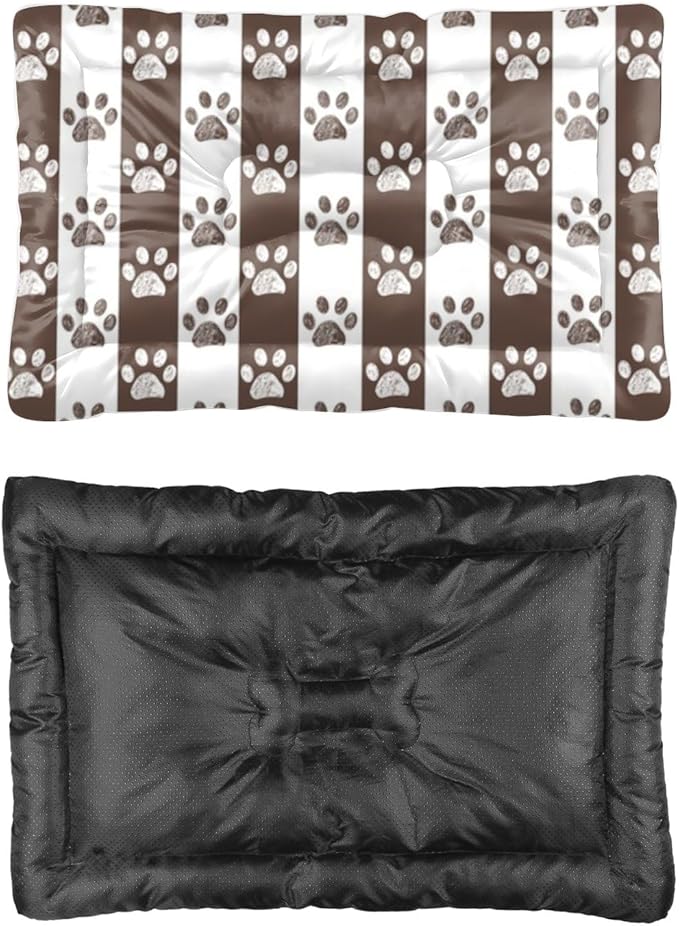 Brown Paw Print Stripes Washable Dog Bed Pet Crate Mat Puppy Pads Dog Crate Liner Pad Washable Non-Slip Cushion Bed for Small Dogs Sleeping Mat Small Indoor Outdoor 24X18 Inch