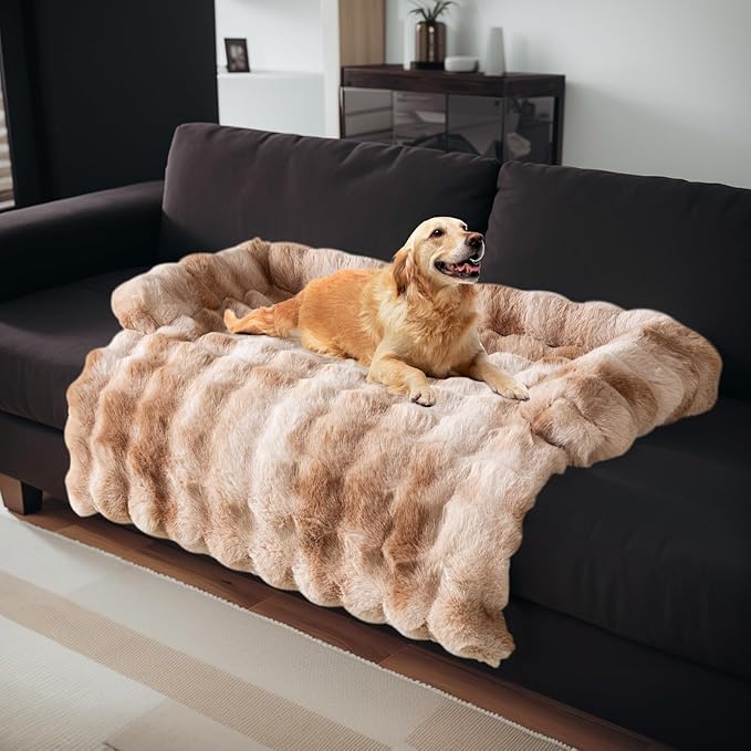LiveGo Fuzzy Pet Couch Covers for Sofa, Dog Couch Cover Fuzzy Sofa Cover Cream Square Plaid Dog Bed Plush Dog Mat for Furniture Protector for Large Medium Dogs and Cats