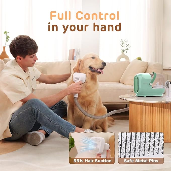 Dog Grooming Vacuum Kit - 3L Vacuum with 7 Tools, Low Noise Electric Clipper and Brush for Pet Shedding at Home, Green
