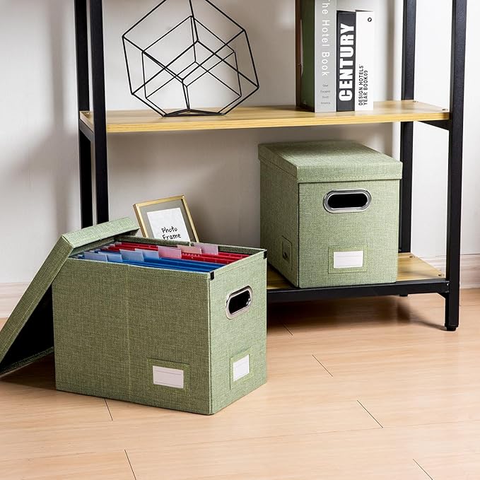 PRANDOM File Organizer Box - Set of 4 Collapsible Decorative Linen Filing Storage Hanging File Folders with Lids Office Cabinet Letter Size Green (14x9.3x10.8 inch)