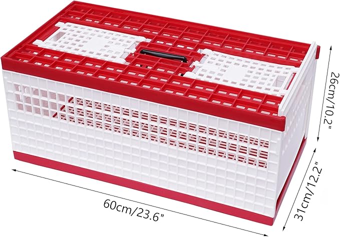 Pigeon Carrier Cage, 23.6"X12.2"X10.2" Plastic Training Basket with 4 Doors (2 Side + 2 Top), Red Foldable Pigeon Cage with Handle,Portable Bird Transport Box for Racing & Release