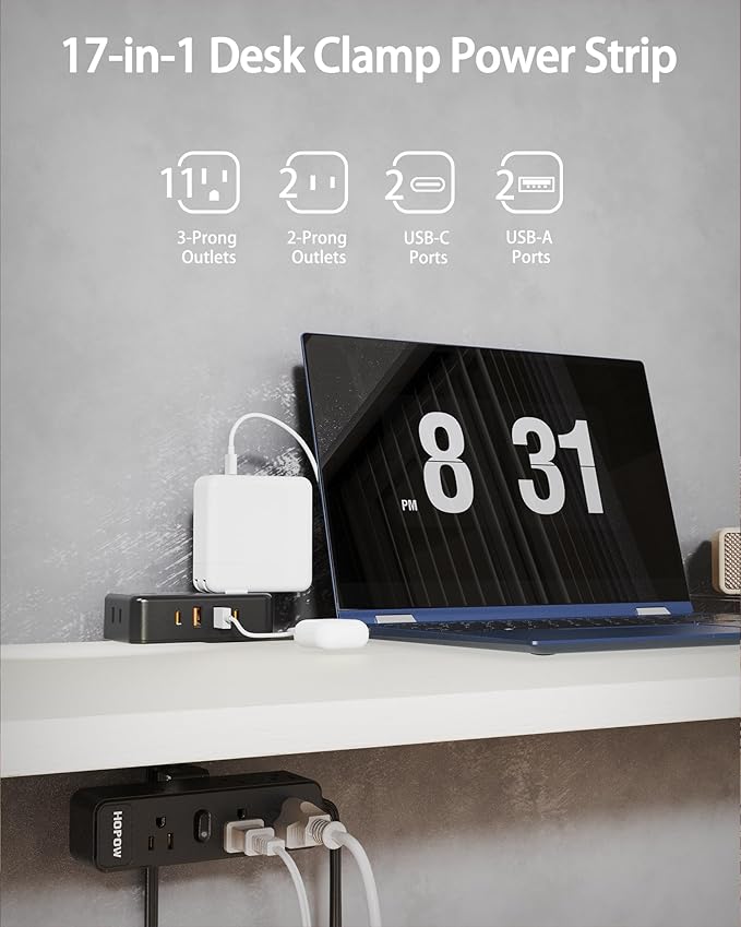 Dual Layer Desk Clamp Power Strip, Desktop Edge Mount Charging Station with 13 Outlets 4 USB Ports (2 USB C), Under Desk Surge Protector(1700 Joules), 10 Ft Extension Cord for Office Home