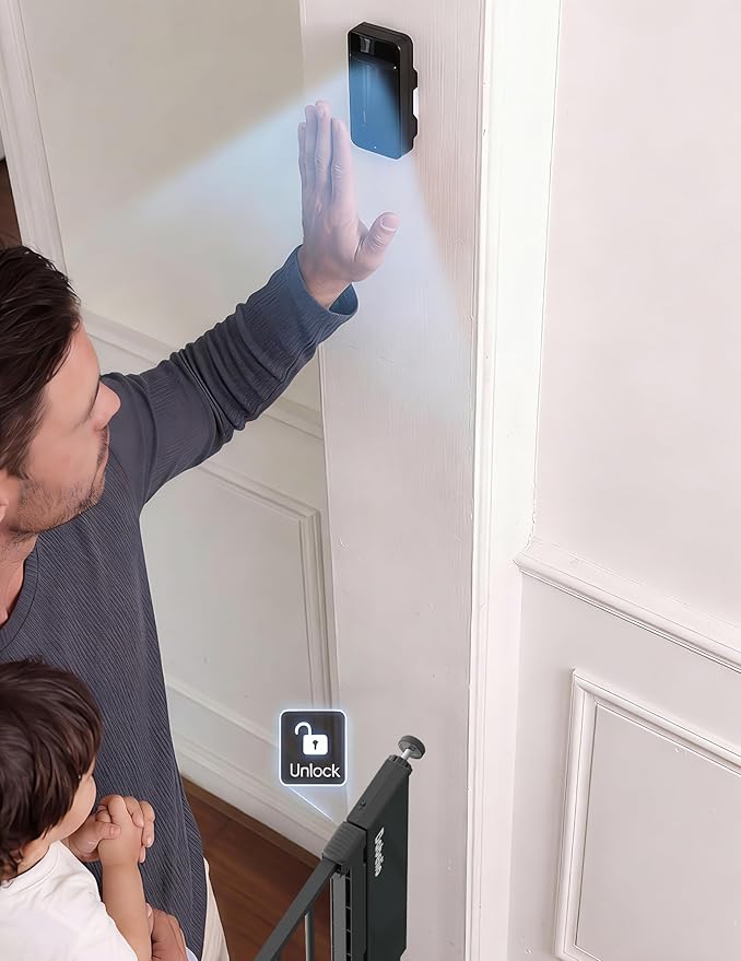 Babelio Smart Baby Gate with Auto-Unlock/Close, Pressure Mounted No Drill for Doorways/Top of Stairs. Pet/Dog Door Wide Walk Thru w/Infrared Sensor & Instant Safety Alert (Black, 26.3-37.8" W, 30" H)