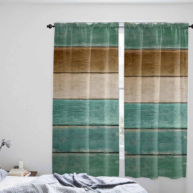 Vintage Plank Turquoise Brown Window Valance Curtains, Farmhouse Wood Grain