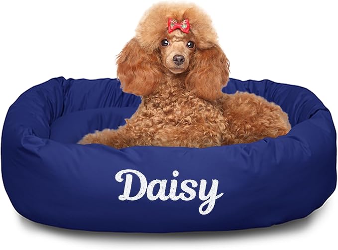Majestic Pet Personalized 32 Inch Calming Dog Bed - Washable, Soft Round Dog Bed with Spine Support for Comfortable Rest - Blue