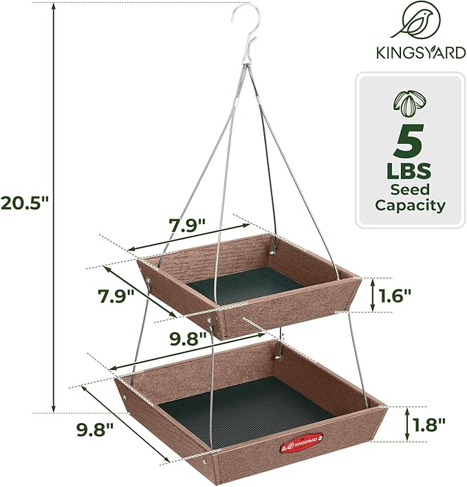 Kingsyard 2 Tier Large Platform Bird Feeders for Outdoors Hanging, 5 lbs Capacity Recycled Plastic Flat Mealworm Bird Feeder Tray, Garden Decoration Attracting Cardinal Blue Jay, Brown