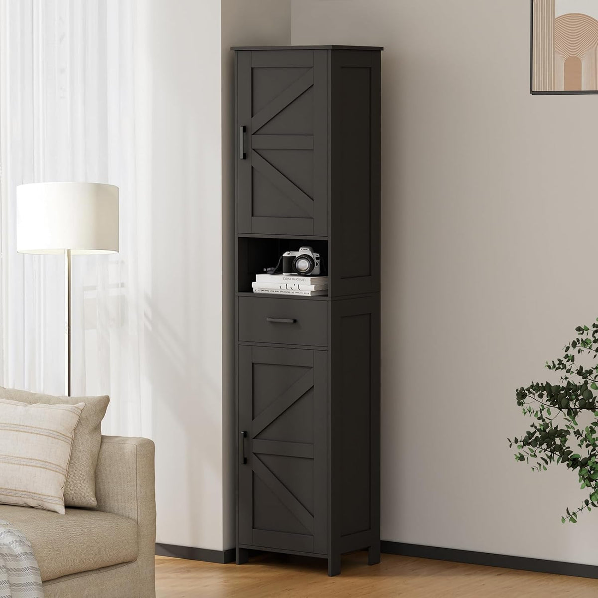 Homhedy 67" H Tall Bathroom Storage Cabinet with Barn Doors and Drawer