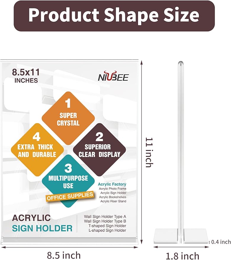 NIUBEE 6 Pack Acrylic Sign Holder 8.5 x 11 - T Shape Double Sided Table Top Display Stand, Portrait Upright Photo Picture Frame Wedding Menu Ad Holder