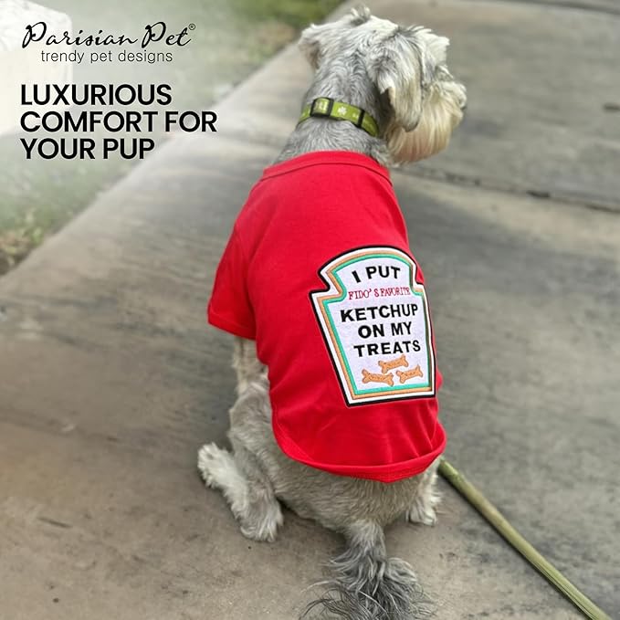 Parisian Pet Dog Shirt - Embroidered “I Put Ketchup on My Treats“ - 100% Cotton and Polyester Dog Clothes - Sleeved, Lightweight Costume for Dogs - Red Dog Shirts for Small Dogs - Pet Costumes - S