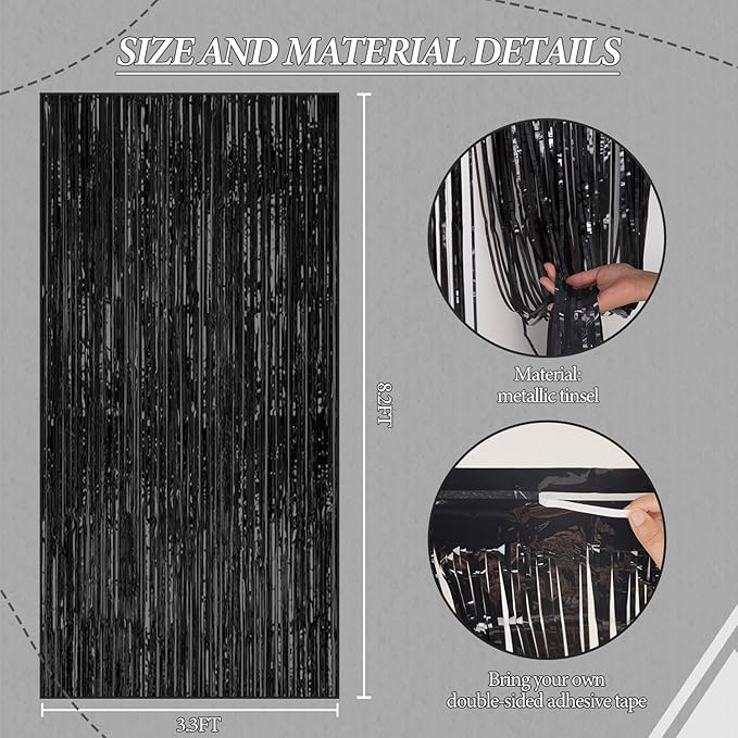 3 Pack Foil Fringe Backdrop - Black Shiny Tinsel Curtains for Party Decoration/Photo Booth Props - 3.3x8.2 FT Metallic Foil Backdrop for Birthday, Wedding, Graduation, Christmas.