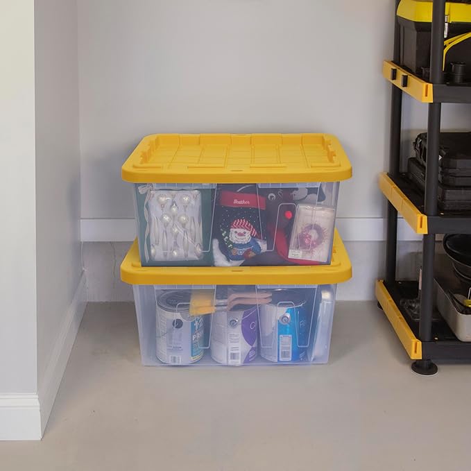 CX BLACK & YELLOW, 27-Gallon Heavy Duty Clear Storage Container & Snap-Tight Lid, Clear & Yellow (14.3H x 20.6W x 30.6D), Weather-Resistant, Stackable, See-Through Organization Tote [4 Pack]