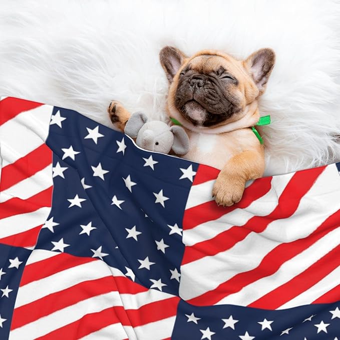 Reversible Pet Blanket for Sofa Protection Pet Comfort, American Flag Plaid Pattern, Double Sided Design with Cozy Nubby Nap Side and Durable Smooth Play Side