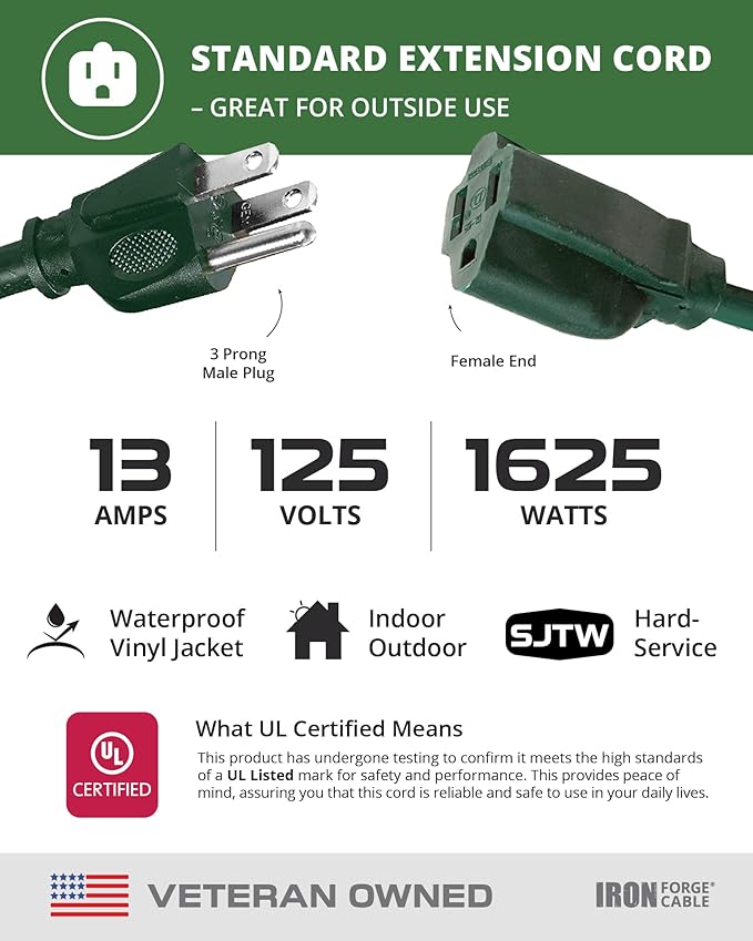 Iron Forge Cable 2 Pack Weatherproof 10 Ft Outdoor Extension Cord - 16/3 SJTW Heavy Duty Green Extension Cord 3 Prong - 13 Amp Exterior Power Cable