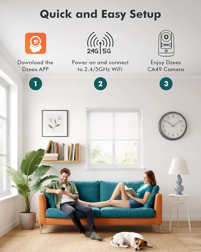 Dzees 2K Indoor Security Camera 2 Pack, 360 Degree WiFi Pet Camera with Phone App, 5G and 2.4G, Wired Home Camera with 2-Way Audio, Motion Tracking, Night Vision, Black