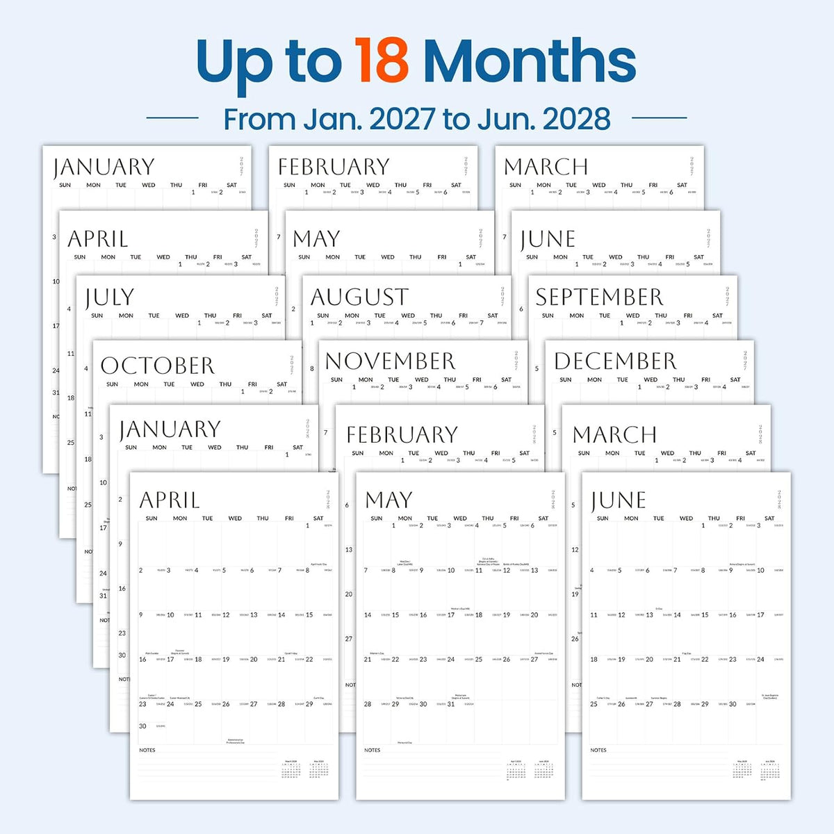 SUNEE 2027 Wall Calendar Extra Large 17"x27", 18 Month Calendar (Ends June 2028),Vertical Monthly for Wall, White Minimalism