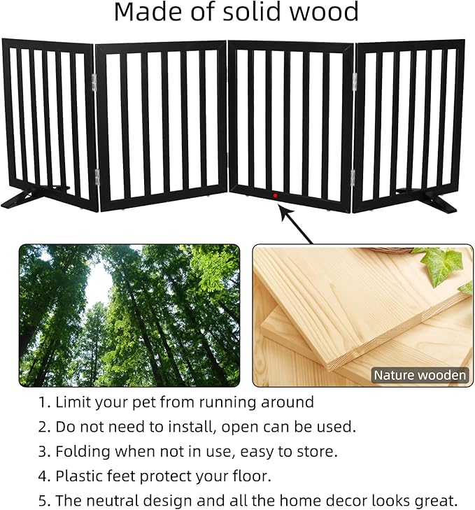 Dog Gate Indoor, Freestanding Dog Fence for The House, Doorways, Hallways,or Stairs,Pet Gate Foldable Wooden,Expandable 24" Height 4 Panels,Black