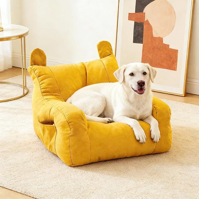 Cute Ear Pet Sofa Bed, Pet Bed Mat, Linen Pet Bed for Small & Medium Dogs and Cats, Soft Washable Pet Furniture Beds Supplies for Dog Kitty (Yellow)