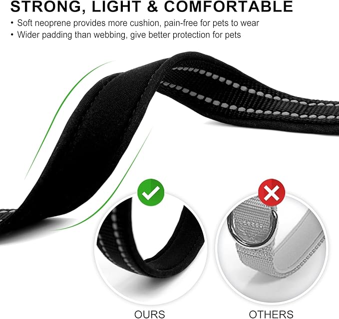 azuza Reflective Dog Collar,Soft Neoprene Padded Pet Collar with ID Tag Ring,Adjustable for Large Dogs,Black,L