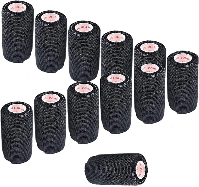 3 Inch Vet Wrap Tape Bulk (Black) (Pack of 12) Self Adhesive Adherent Adhering Flex Bandage Grip Roll for Dog Cat Pet Horse