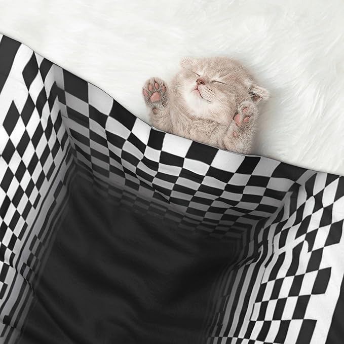 Waterproof Dog Blanket Soft Pet Blanket for Puppy Cat, Fleece Cat Throw Blankets for Furniture Bed Couch Sofa Reversible - 3D Black and White Checkerboard Tunnel