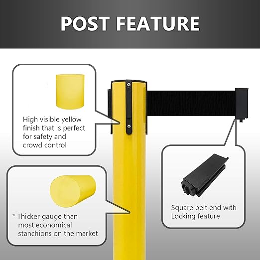 VIP Crowd Control Retractable Belt Stanchion Queue Safety Barrier Set, 36" Ht, 78" Belt (2 YEL Posts Caution Belt)