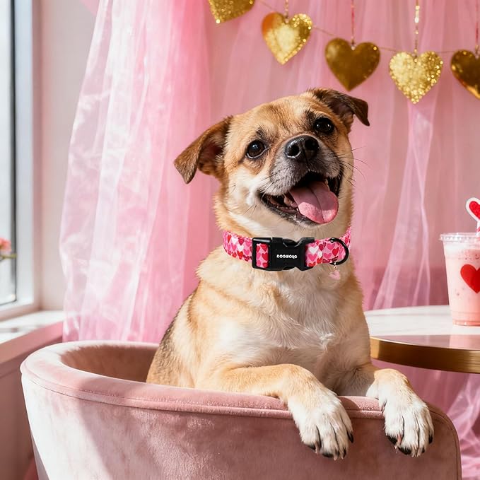 DOGWONG Valentine Dog Collar, Pink Heart Dog Collar, Girl Female Dog Collars with Strong Plastic Buckle for Small Medium Dogs,M