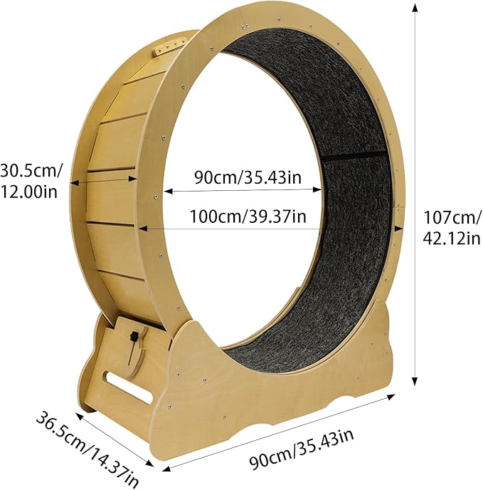Cat Exercise Wheel, Cat Treadmill for Indoor with Fish-Shaped Clasp & Hook and Loop Fastener Capacity 50Kg/ 110.23Lbs Runway 30.5Cm/ 12 Inch for 11.02-16.53Lbs Small Dogs (Original Wood Color)
