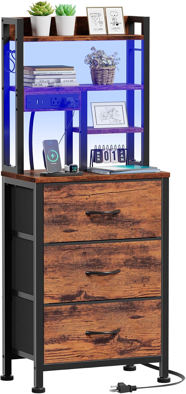 Furnulem Tall Nightstand, 45.3" Bedside Table & End Table, 3 Fabric Drawers
