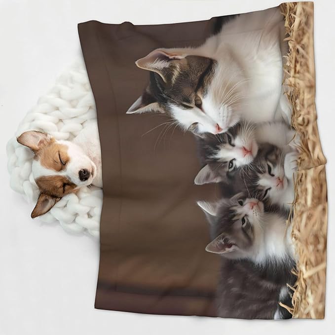 Cat Family Print Soft Plush Pet Blanket, Washable Dog Blanket, Cat Fleece Throw, Puppy Bed Crate Mat & Sofa Couch Protector - Large