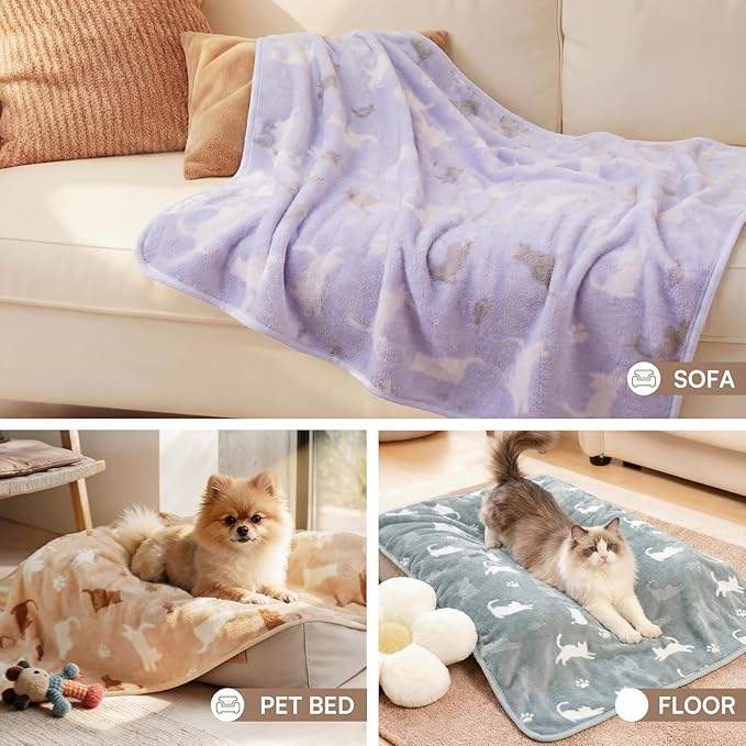 Luciphia 1 Pack 3 Blankets, Cute Cat Printed Fluffy Fleece Pet Blanket for Dogs Cats Washable, Warm Soft Throw Cover for Crate Couch, Gifts Puppy Essentials, Purple/Grey/Khaki, Medium (30x20 inch)
