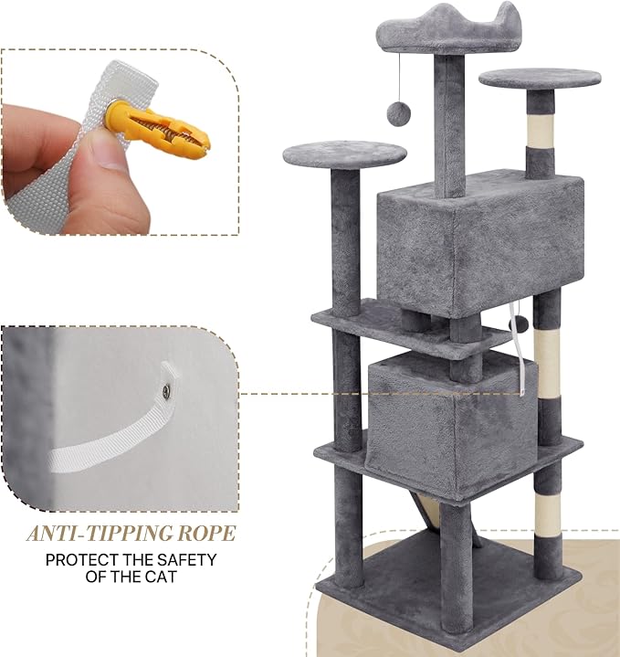Athena Collection Cat Tree, 62 Inch Cat Tree Tower for Indoor Cats, Multi-Level Cat Tower House Activity Center with 2 Cat Condo & Scratching Post & Dangling Ball, Tall Cat Climbing Tower, Darkgray