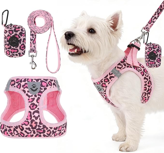 PAWCHIE Dog Harness and Leash Set,Step in No Pull Soft Pet Harness, Reflective Adjustable Puppy Vest for Small Medium Dogs Cats,No Choke Harness Vest with Poop Bag Holder for Walking,Running,Leopard S
