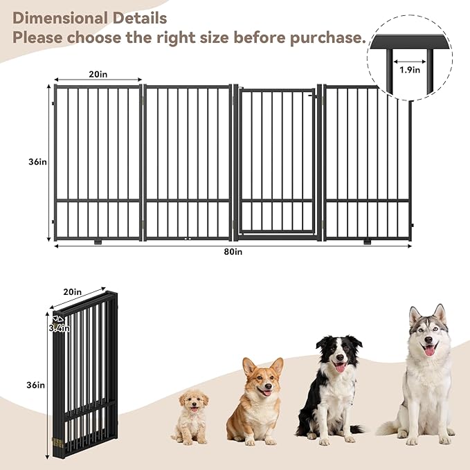 Full Metal Freestanding Dog Gate with Door, 36''Height Foldable Pet Dog Fence for Indoor & Outdoor, 4 Panels Extra Wide Free Standing TallDog Gates for Doorways,House,Stairs,Porch,Deck,Yard