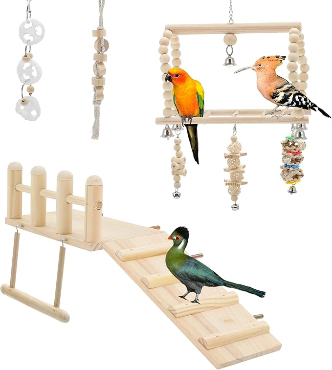 Cockatiel Toys, Bird Toys, Parrot Swing Toys with Climbing Ladder and Chewing Platform, Bird Cage Accessories for Budgerigar Conure Love Birds, 8 Pcs