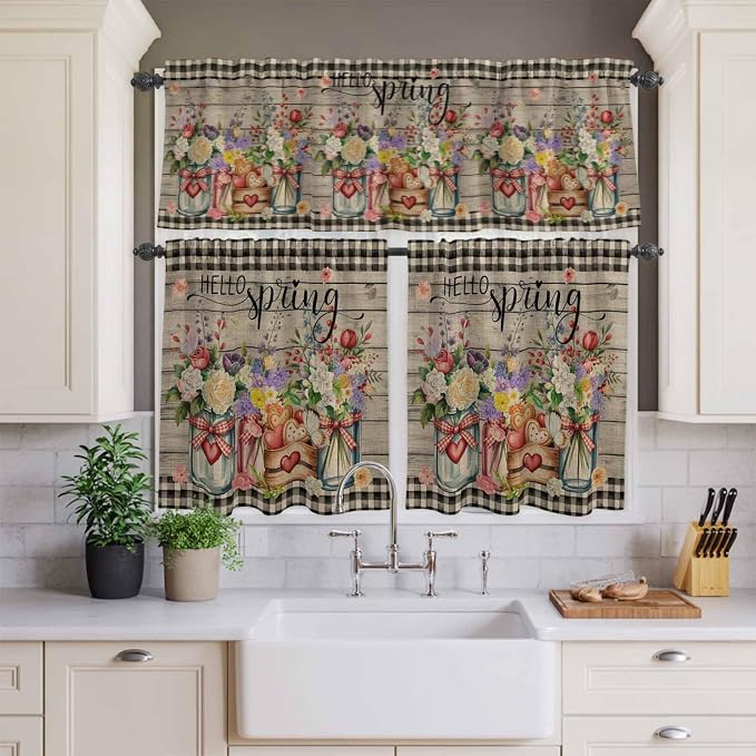 Spring Flowers Kitchen Curtain Set, Farmhouse Vintage Black Plaid Wood Grain