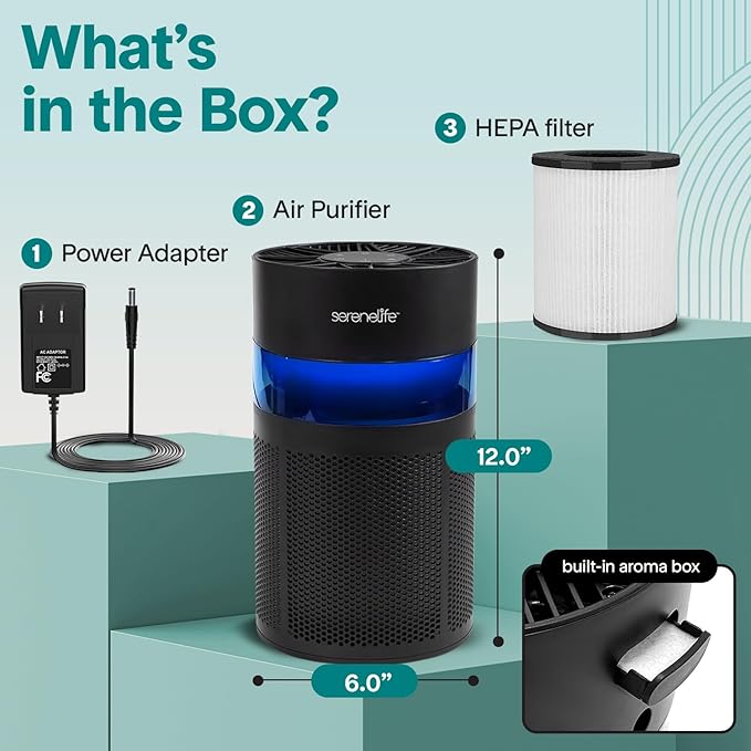 SereneLife Portable Air Purifier - Small Air Purifier with Aroma Box & Ambient Light, High Filtration Efficiency, 2-Speed, Timer & Sleep Mode, Filter Change Reminder, 6 x 6 x 12 in. (Black)