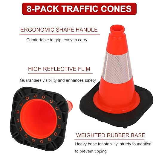 OrangeStar 8 Pack 12" Orange Traffic Safety Cones, PVC Parking Construction Cones w/Reflective Collar, Heavy Duty Base for Driving Practice, Parking Lots and Roadwork