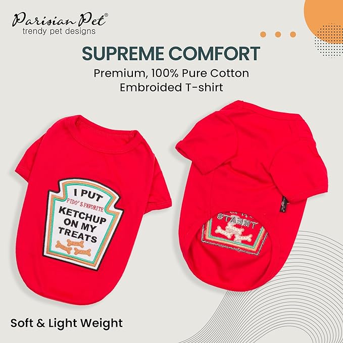 Parisian Pet Dog Shirt - Embroidered “I Put Ketchup on My Treats“ - 100% Cotton and Polyester Dog Clothes - Sleeved, Lightweight Costume for Dogs - Red Dog Shirts for Small Dogs - Pet Costumes - S