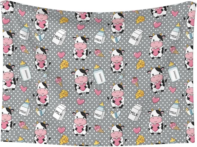 Double Sided Plush Pet Blanket for Small Large Animals, Cartoon Cow Character, Reversible Throw with Dimpled Dot Side and Flat Side for Kennels Living Rooms