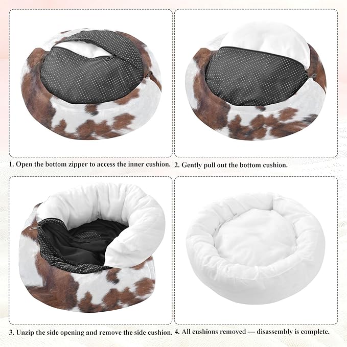 Round Cat Bed Dog Bed,13in Cow Print Washable Non-Slip Bottom Soft Pet Bed for Small Medium Dogs and Cats