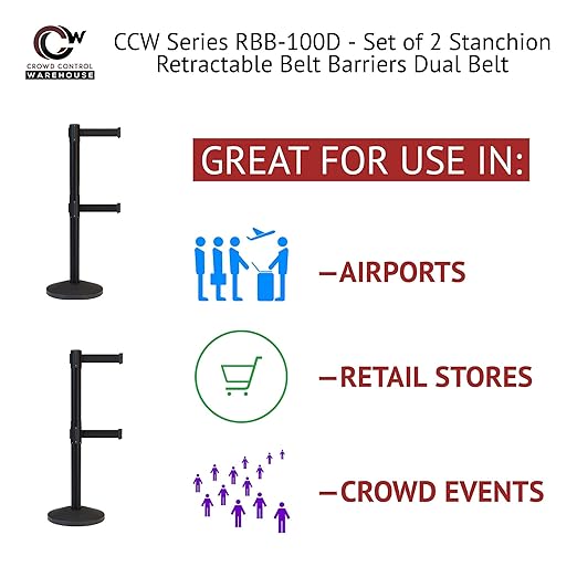 Crowd Control Warehouse CCW Series RBB-100D Set of 2 Stanchion Retractable Belt Barriers - Sloped Base, 11 Foot, Fluorescent Yellow Dual Belt with Black Post - Easy Assembly