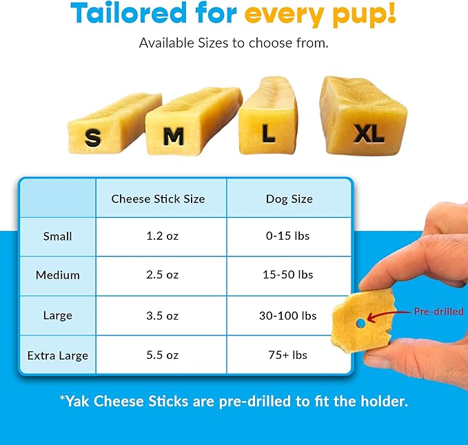 Yak Cheese and Bully Stick Holder Combo Pack, Large Yak Cheese (4 Pcs) and 12" Thick Bully Sticks (5 Pcs) - Includes Bully Bone Holder for Safe, Secure and Smarter Chewing