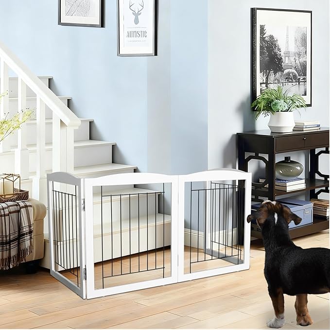 ZJSF Freestanding Foldable Dog Gate for House Extra Wide Wooden White Indoor Puppy Gate Stairs Doorways Pet Gate Tall Dog Fence 3 Panels Fence
