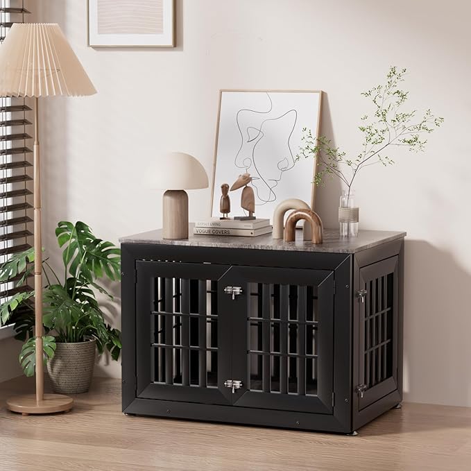 38" Heavy Duty Dog Crate Furniture for Small,Medium and Large Dogs,Rustic Wooden Dog Cage Kennel Indoor Furniture with Waterproof Top,Decorative Pet House Side End Table (Black & Grey)