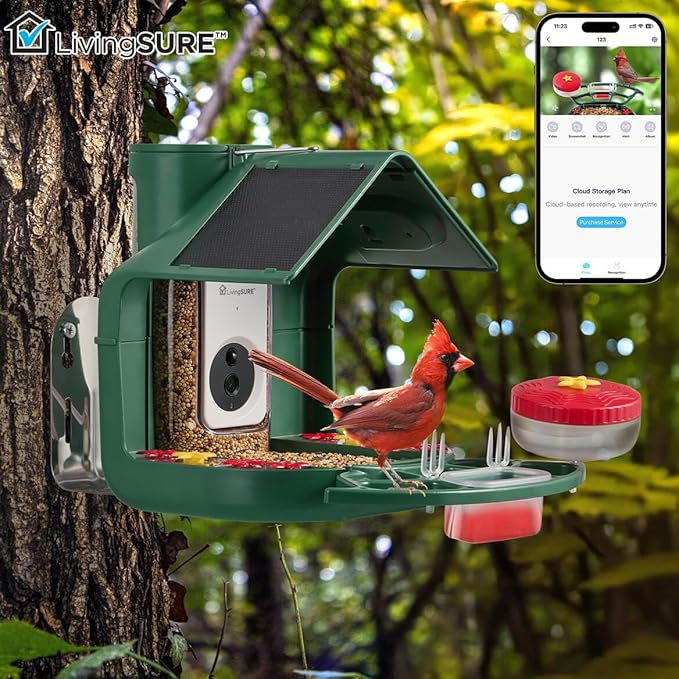 LivingSURE 2-in-1 Smart Bird Feeder with Camera Outdoor Solar Powered Smart Birdfeeder Live Stream Video Camera with AI Recognition for Outside Wild Birds Garden Decor - Bird Lover Gifts