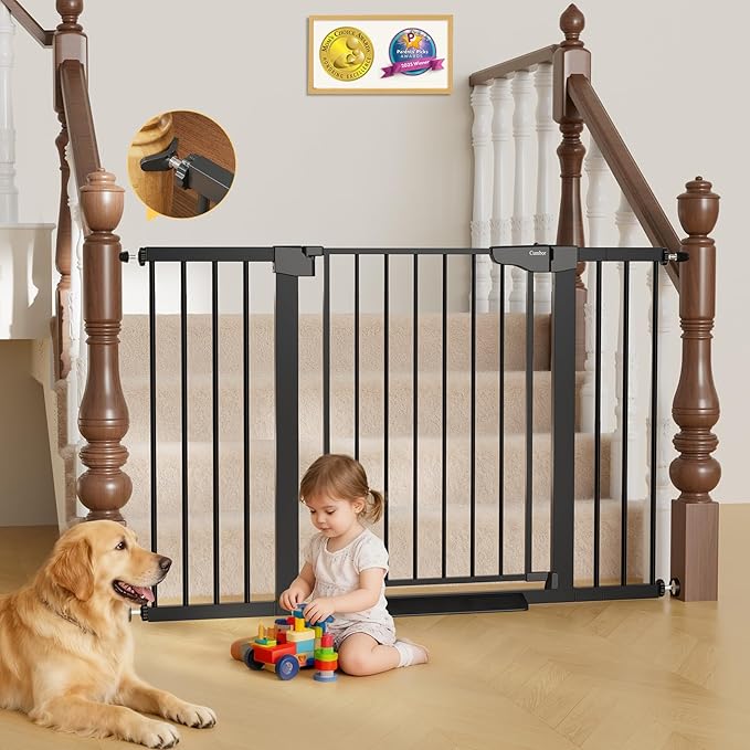 Cumbor 29.7"–51.5" Extra Wide Baby Gate for Stairs, Pressure-Mounted Dog Gates for Doorways & Hallways, Auto-Close Walk-Through, No-Trip Design, Child Proof Safety, Dog/Pet Gate for Indoor Use, Black