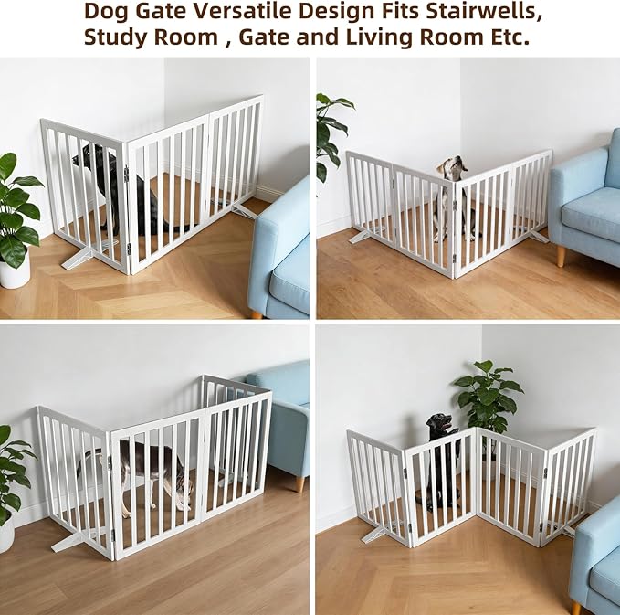 Dog Gate Indoor, Freestanding Dog Fence for The House, Doorways, Hallways,or Stairs,Pet Gate Foldable Wooden,Expandable 32" Height 3 Panels,White
