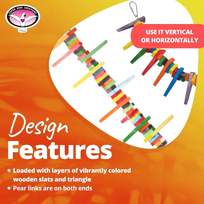 Super Bird Creations SB466 Mini Triangle Teaser Toy for Parrots, Ringnecks, Conures, Quakers, Caiques - Enrichment & Boredom Relief for Parrots - Safe and Durable - Medium Bird Size - 16" x 3" x 2"