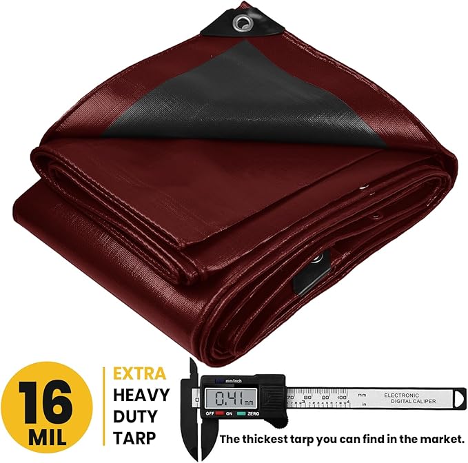 PROTARP Extra Heavy Duty 16 Mil Tarp Cover, Waterproof, UV Resistant, Rip and Tear Proof, Poly Tarpaulin with Reinforced Edges for Roof, Camping, Patio, Pool, Boat. (Maroon/Black 18′ X 24′)