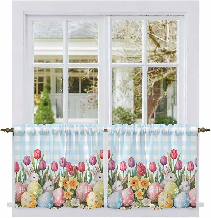 Easter Kitchen Tier Curtains 24 Inch Long 2 Panel Set, Rod Pocket Cafe Small